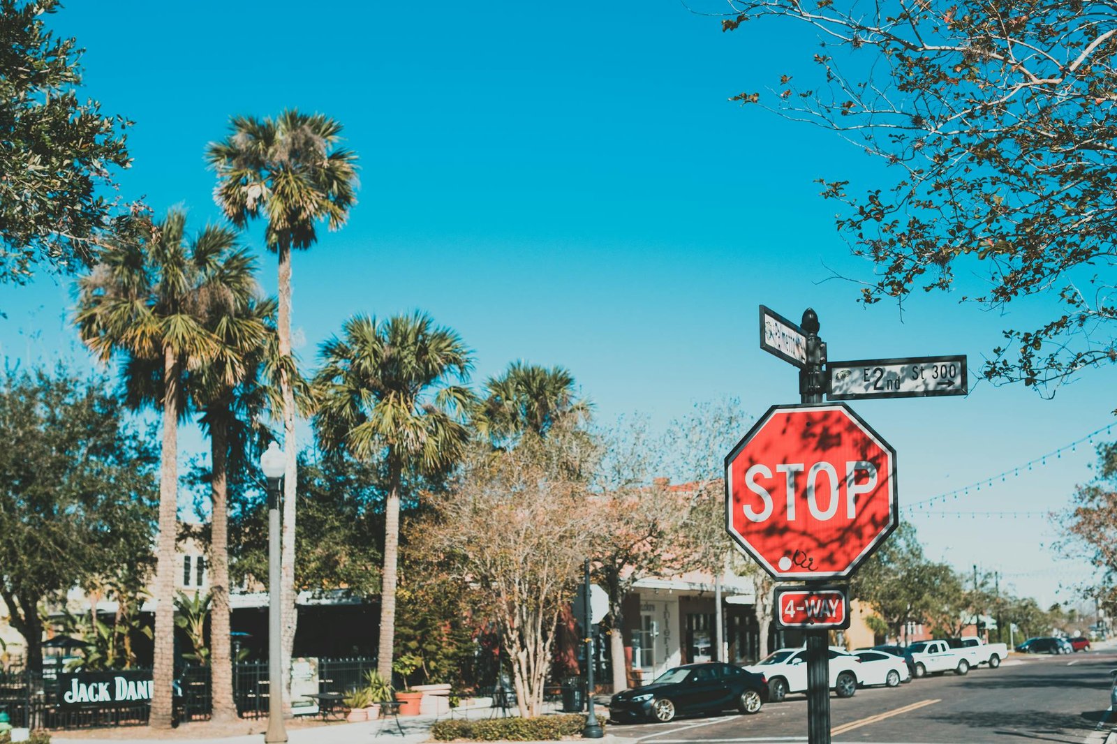 An urban street scene with palm trees and a prominent stop sign under clear blue skies.