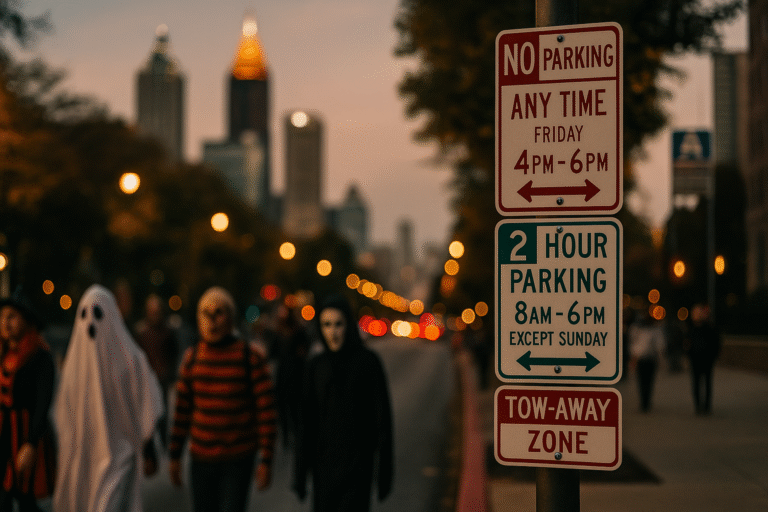 Stacked curbside parking rules on Peachtree-style street as trick-or-treaters pass by.