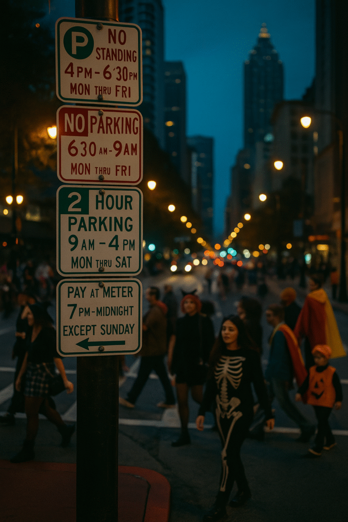 Cinematic dusk scene in Atlanta with layered parking signs and pedestrians in costumes