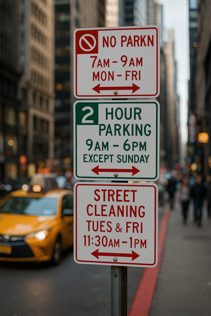 stacked parking sign on busy nyc street with red curb