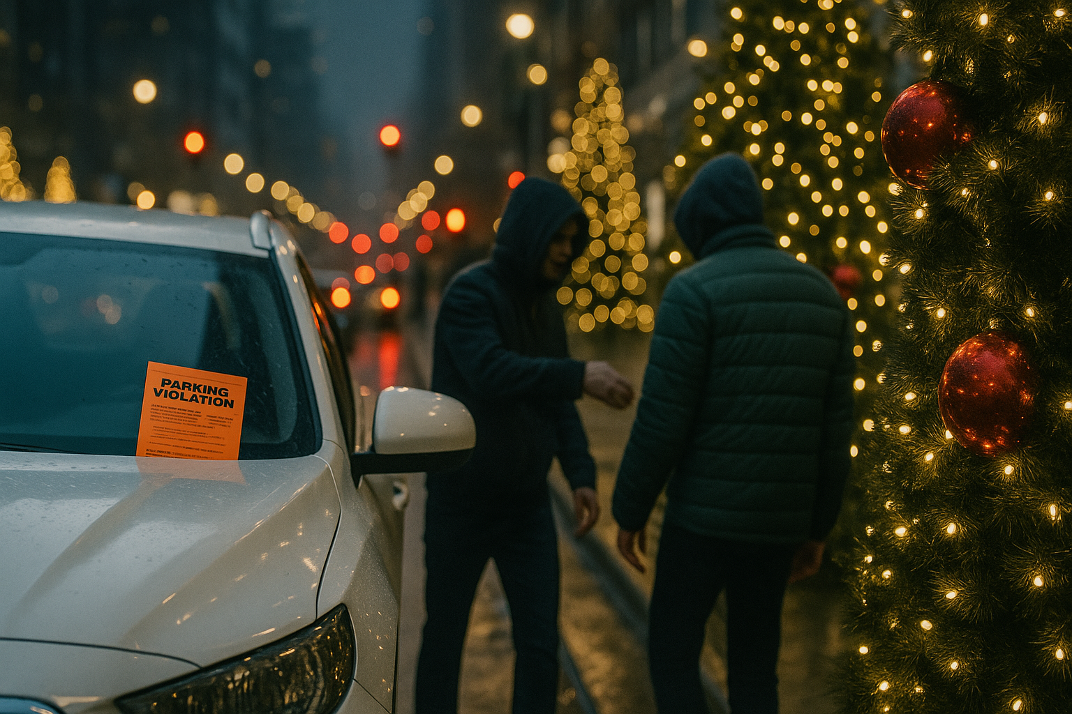 Holiday-lit street with a ticketed car in the foreground and two hooded pedestrians in conversation